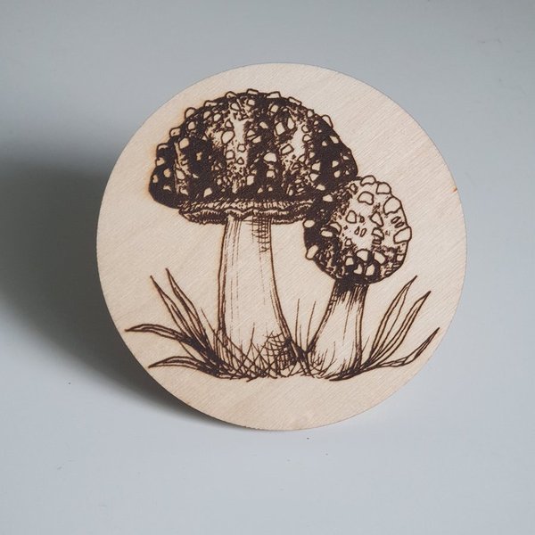 Ručně vyrobený dřevěný Kulatý podtácek - Fungi series - muchomůrky